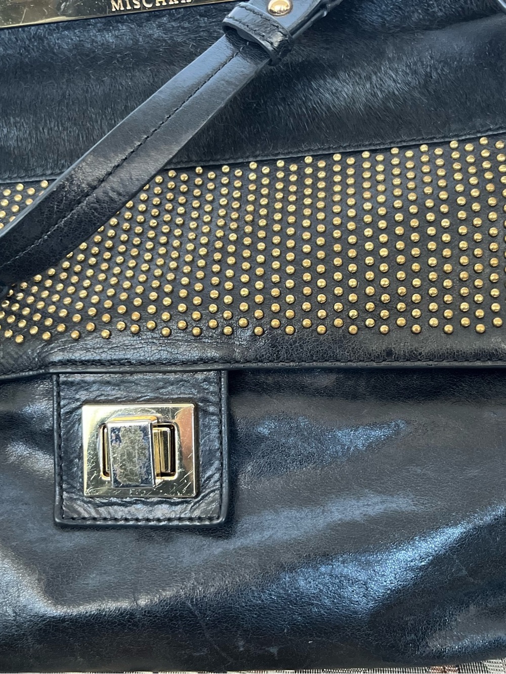 Leather Badgley Mischka Black Satchel with Gold Hardware - Picture 7 of 8